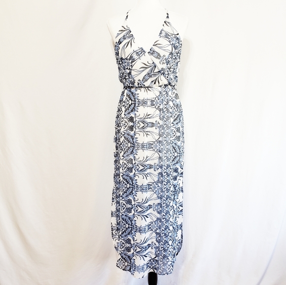 NEW- LUSH Blue Floral Surplice Maxi Dress - Picture 1 of 6